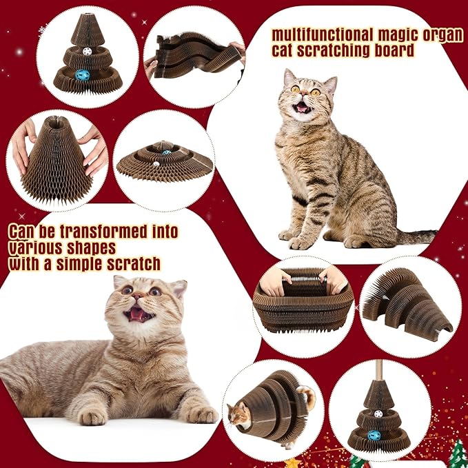 Soulchen Christmas Tree Magic Organ Cat Scratching Board, Combinable Cat Toy, Interactive Cardboard Kitty Scratcher with Bell Ball, Durable Foldable Accordion Scratch Pad, Exercise for Indoor