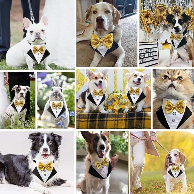 Tuxedo Costume Wedding Bandana Nylon Collar Suit With Gold Bow Tie Adjustable Black Tux Formal Clothes for Small Medium Large Dogs Pet Birthday Christmas Dress Outfits