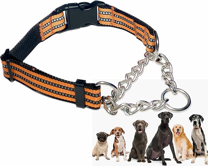 Martingale Collars for Dogs, Heavy Duty Stainless Steel Chain Training Collar, Reflective Nylon Adjustable Collar with Quick Release Buckle, Suitable for Puppy Medium Large Dogs (Orange, S)
