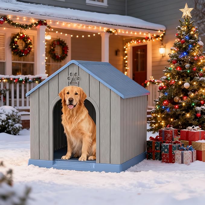 Bifanuo Large Dog House for Outdoor & Indoor, Waterproof Puppy Shelter with Air Vents & Elevated Floor, Easy Assemble Sturdy Dog Kennel for Large Dogs (Blue, 36.2''L×38''W×38''H)