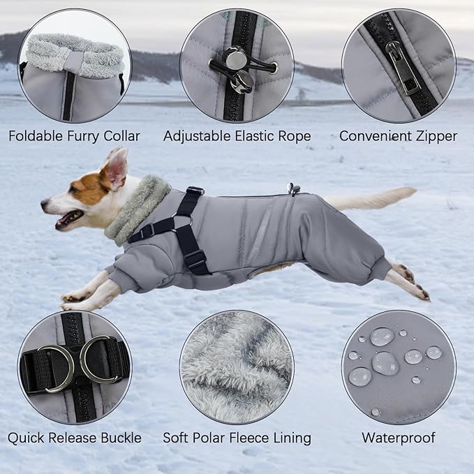 BRKURLEG Grey Dog Winter Coat, Cozy Winter Dog Jackets, Small Dogs Coat with Harness, Onesie Body Warm Puppy Jacket, Pet Reflective Windproof Cold Weather Jackets, Puppy Four-Legged Puffer Coats, S