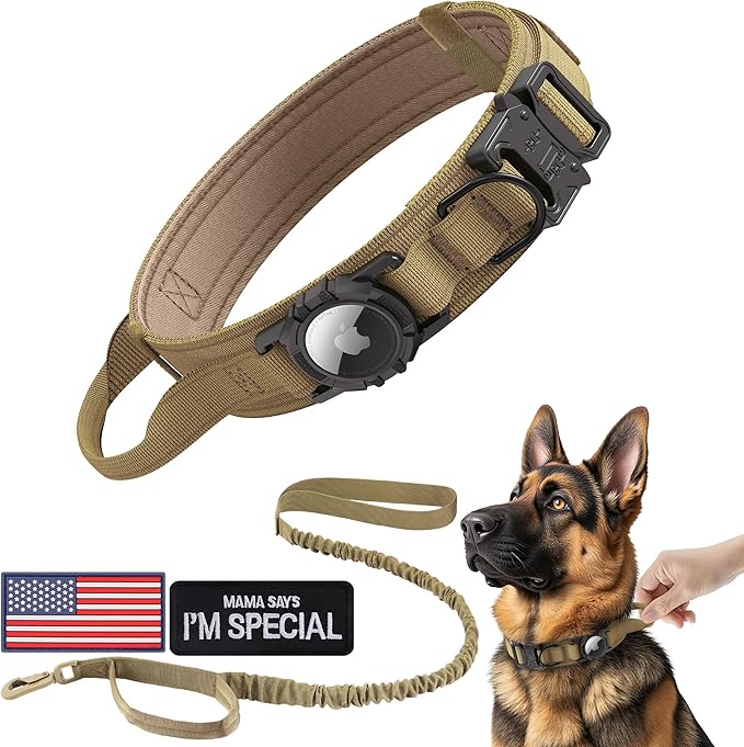 Tactical AirTag Dog Collar Leash Set - Heavy Duty, Adjustable GPS Collar Compatible with Apple AirTag, with Holder & Control Handle for Medium/Large Dogs [ Brown, L ]