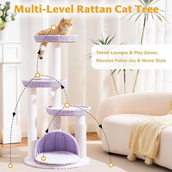 Modern Cat Tree Tower for Large Cat with Scratching Post for Indoor, 46 inch Multi-Level Cat Tower with Handwoven Beds, Cat Cave, Dangling Balls