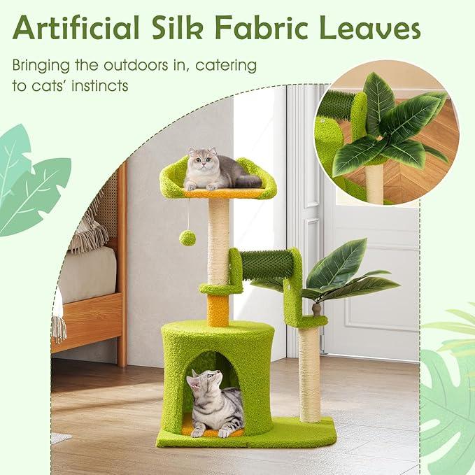 Tangkula Palm Small Cat Tree, Cute Cat Tower with Sisal Scratching Posts, Top Perch, Condo, Self Groomer & Dangling Ball, Unique Cat Tree Tower with Green Leaves for Indoor Cats