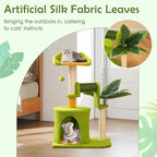 Tangkula Palm Small Cat Tree, Cute Cat Tower with Sisal Scratching Posts, Top Perch, Condo, Self Groomer & Dangling Ball, Unique Cat Tree Tower with Green Leaves for Indoor Cats