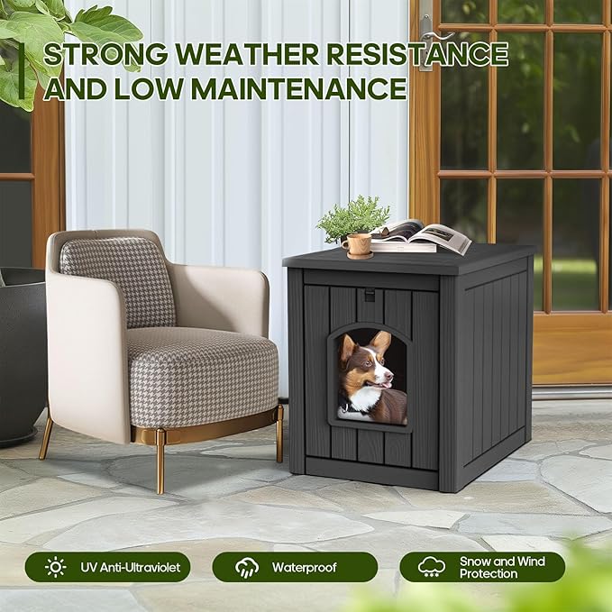 DRATO Outdoor Indoor Dog House,Resin Material Ventilate Waterproof Added to The Bottom,Multi-Functional Pet House for Small to Medium Dog(Black, Medium)