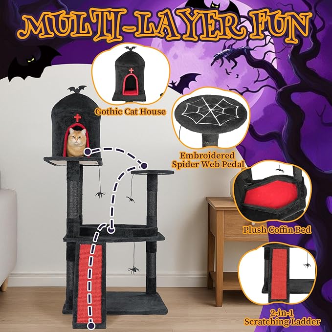 Outvita Gothic 53" Cat Tree with Coffin Bed, Large Cat Tower with Spacious Cat Condo, Scratching Posts, Spider Hanging Toys, Scratching Board, Multi-Level Cat Activities Furniture, Red & Black