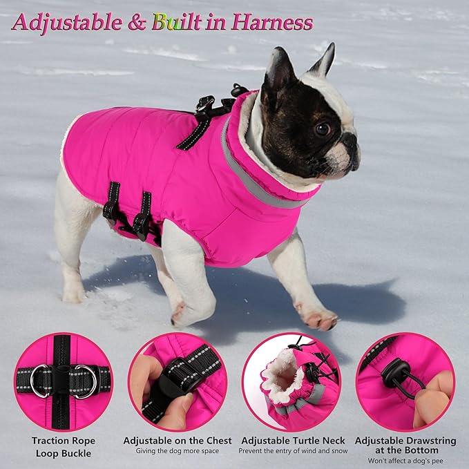 Dogcheer Dog Coat, Waterproof Dog Jacket with Harness, Reflective Adjustable Puppy Winter Coat with Zipper, Christmas Pet Snow Jacket Clothes for Small Medium Large Dogs - Pink S