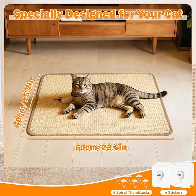 Homgaty Sisal Cat Scratcher Mat & Wall Scratchers for Indoor Cats - 23.6x15.7 Horizontal Floor Cat Scratch Rugs & Carpet Scratching Pad with Sticky Tapes, Durable Furniture Protector for Couch Sofas