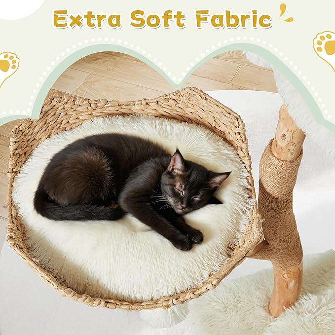 Erinnyees 54" Real Wood Cat Tree for Indoor Cats, Modern Boho Cat Tower with Woven Basket Beds, Natural Branch Scratching Post, Luxury Cat Condo Furniture, White