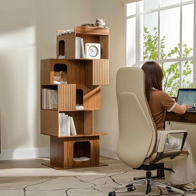 EUREKA ERGONOMIC Pawlio Cat Tree Bookshelf, Cat Bookcase, Modern Shared Bookshelf Cat Tree, Modern Pet Condo with Climbable Shelves, Indoor Dog and Cat Furniture, 72"(Walnut)