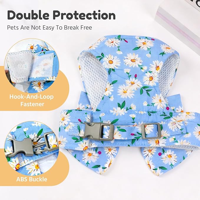 BAEJMJK Dog Harness and Leash Set with Bow Knot No Pull Pet Daisy Floral Harness with D-Ring Soft Mesh Dog Harness Vest Set Escape Proof Princess Puppy Harness for Small Girl Dogs Cats（Blue B S）