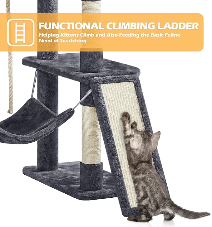 Topeakmart Cat Tree, 82.5in Climbing Tower with 2 Kitten-Ear-Style Top Perches, Hammock, Basket, Scratching Posts, Multilevel Pet Furniture Activity Center for Indoor Felines, Dark Gray