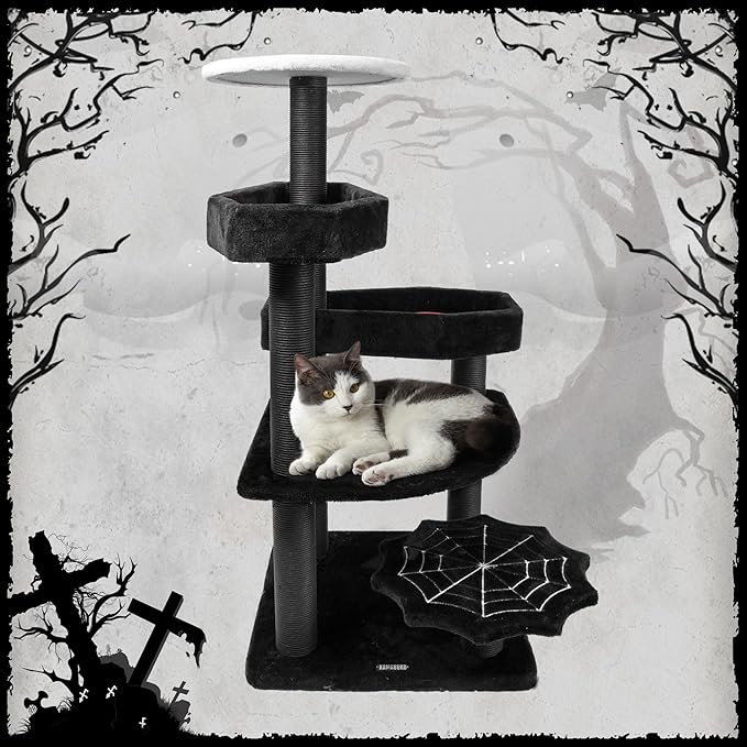 KAMABOKO Gothic Cat Tree, 46.9in Black Cat Tower with Coffin Bed, Cat Condo with Sisal Scratching Posts, Scratching Ramp and Comfort Basket for Indoor Cats