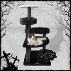 KAMABOKO Gothic Cat Tree, 46.9in Black Cat Tower with Coffin Bed, Cat Condo with Sisal Scratching Posts, Scratching Ramp and Comfort Basket for Indoor Cats