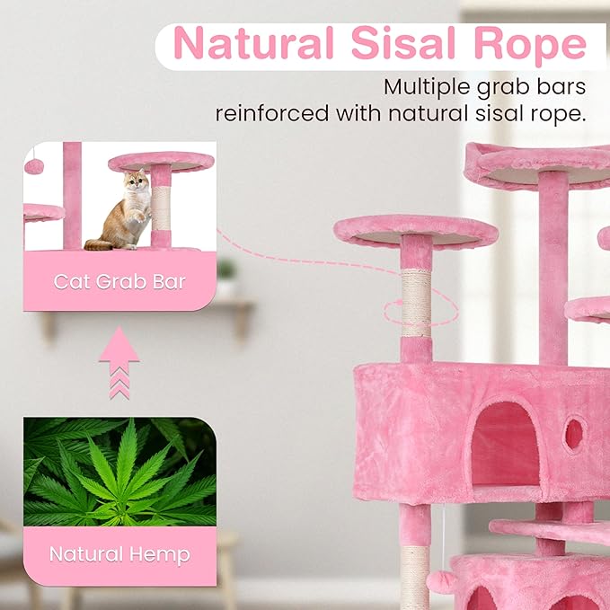 24/7 Shop at Home Court 54 inch Multi-Level Cute Cat Tree Tower with Dangling Ball and Scratching Posts for Indoor Cats Adults, Kitten Supplies, Pet House, Pink