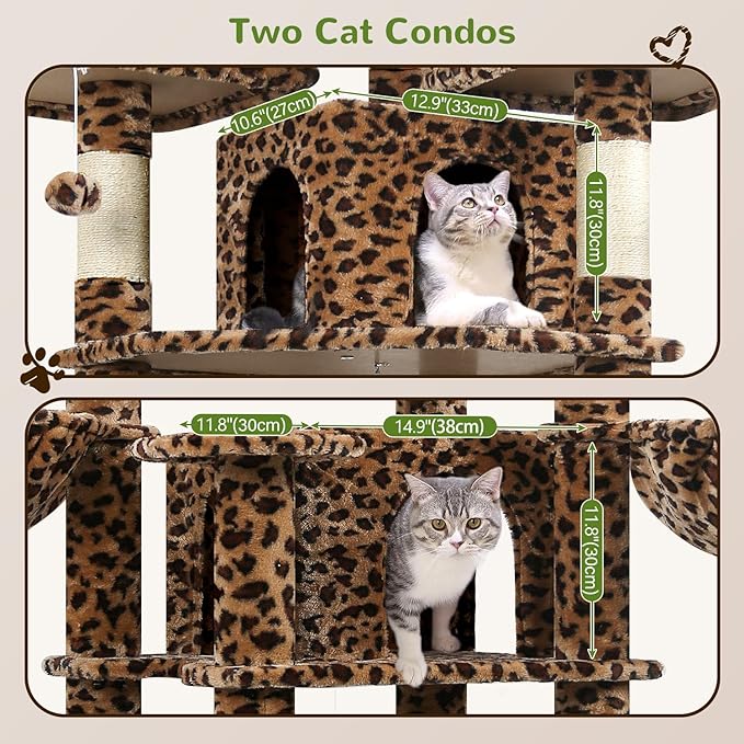 Globlazer Big Cat Tower for Indoor Cats, 80inch Cat Tower for Multiple Adult Cats XXL Cat Tree with Scratching Post, Hammock, 3 Perches, 2 Condos, 2 Hanging Basket, F80, Leopard Print