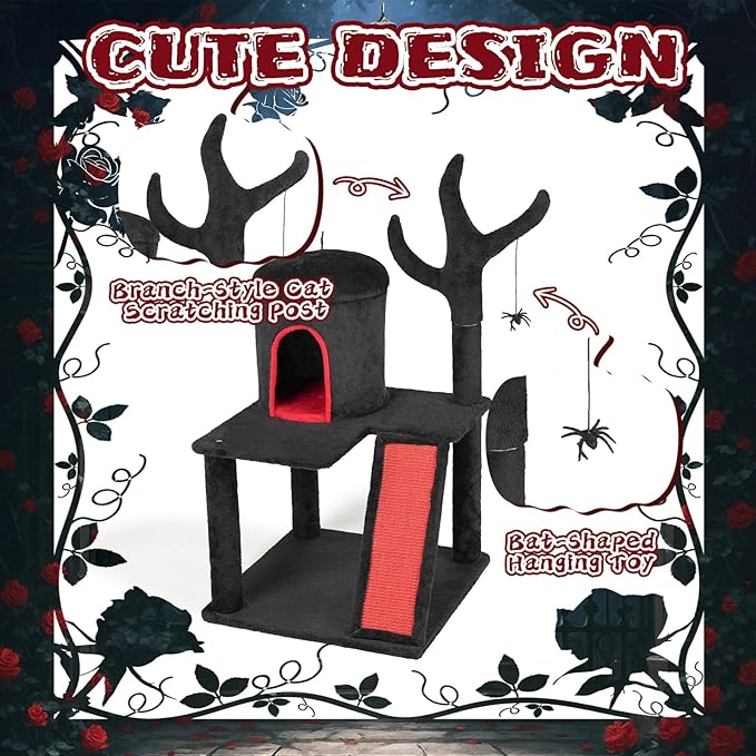 42" Gothic Cat Tree with Cat Condo for Indoor Cats, Halloween Cat Tower with Branch Shaped Scratching Post, Scratching Ladder & Spider Toy - Red & Black Themed Cat Furniture for Large Cats