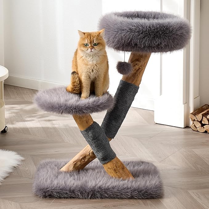 33" Modern Cat Tree for Indoor Cats, Aesthetic Natural Wood Cat Tower with Branch-Style Scratching Posts, Luxury Plush Faux Fur Cat Bed with Natural Loft, Perch & Hanging Ball, Almond Khaki