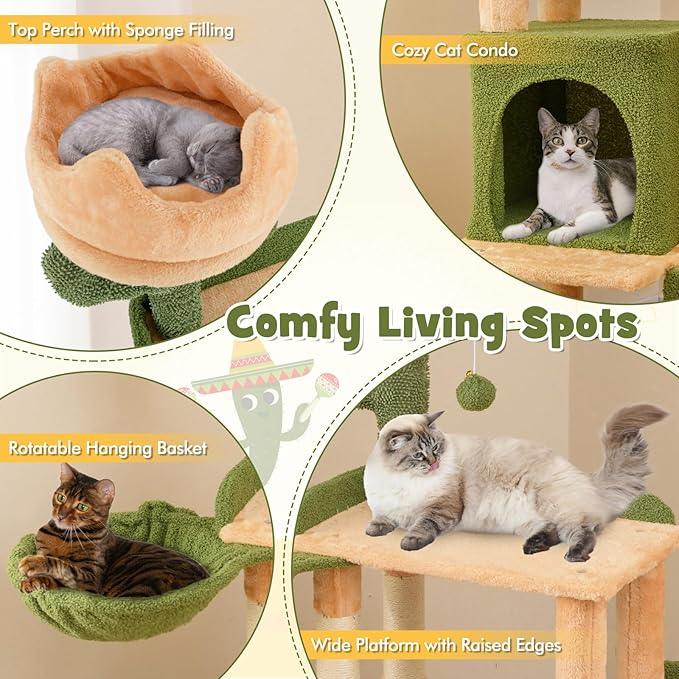 PETSITE 63 inch Cactus Cat Tree, Multi-Level Tall Cat Tower with Sisal Scratching Posts and Board, Comfy Condo, Rotatable Basket, Hanging Toys, and Anti-tipping Device, Modern Cat Tree for Indoor Cats