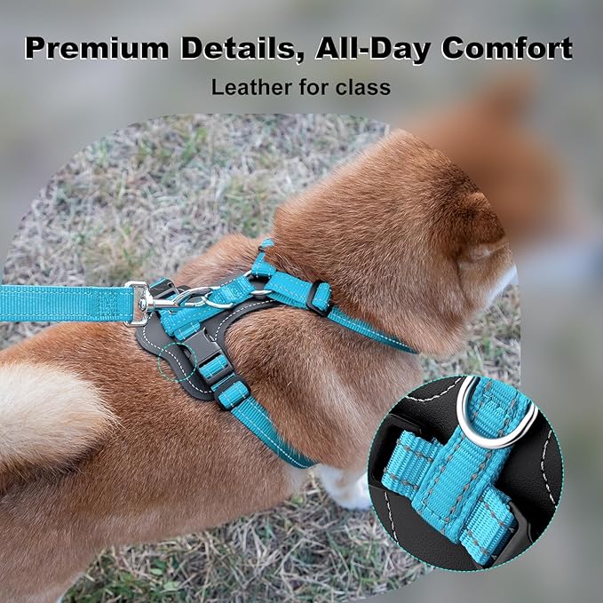 Plutus Pet Adjustable No Pull Dog Harness with Leather Accents, Heavy Duty Reflective Nylon Vest for Training, Hiking, Easy Walk Harness for Small, Medium, Large Dogs (Light Blue, XL)