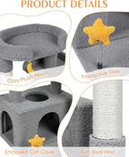 32In Cute Cat Tower for Indoor Cats with Cat Condo, Plush Platform, Hammock, Sisal Scratching Posts, Dangling Ball, Tall Cat Tree Tower with Self-Grooming Brush (Light Grey)