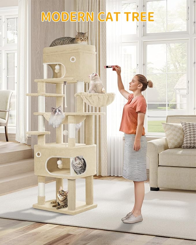 70.1 Inch Cat Tree for Indoor Cats, Multi-Layer Scratching Post with Large Platform, 2 Caves, 7 Sisal Posts, Pompoms, Cat Basket, Hammock, Suitable for Cats, Beige MS17818YL