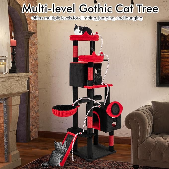 PETSITE 62-inch Gothic Cat Tree, Multi-Level Goth Coffin Cat Tree Tower with Sisal Scratching Posts, Board and Ladder, Basket, Condos, and Hanging Spider Toys, Ideal for Indoor Cats, Black & Red
