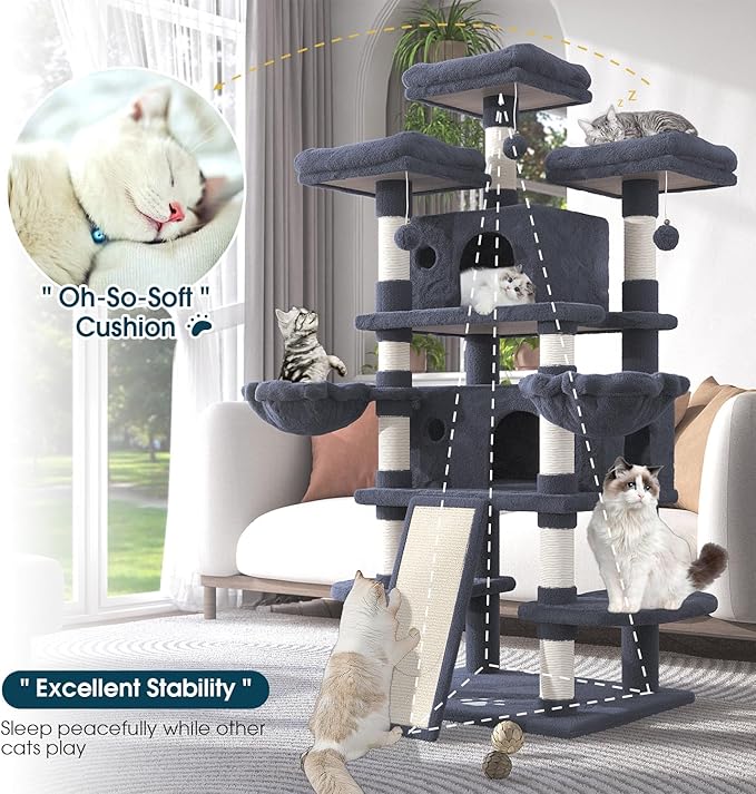 WEEWAY 68 Inches Multi-Level Large Cat Tree for Feline‌/Big Tower/Condo/Cozy Plush Kitty Perches/Fluffy Balls/Sisal Scratching Posts and Hammocks/Cave/Furniture Activity Center/Drak Grey