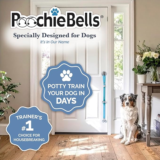 PoochieBells Dog Door Bells for Potty Training, Quick & Easy Puppy Potty Training Method Included, Handcrafted in USA with Loud, Paw-Safe Bells, Capri Blue