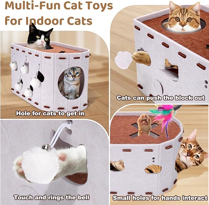 Mity Rain Cat House for Indoor Cats, Foldable Felt Bed Cave with Tunnel & Cat Ball Toy, Large Cat Bed Up for Play, Soft & Warm Cat Beds & Furniture for Indoor Kitten Adult Cats