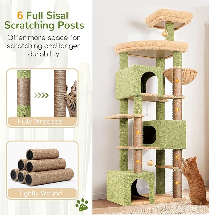 Globlazer Extra Large Catus Cat Tree Tower for Indoor Cats Large Adult, 80in Tall Heavy Duty Cat Tree with 3 Spacious Cat Condos, Oversized Fan-Shaped Perch, 6 Sisal Scratching Posts, S80, Green