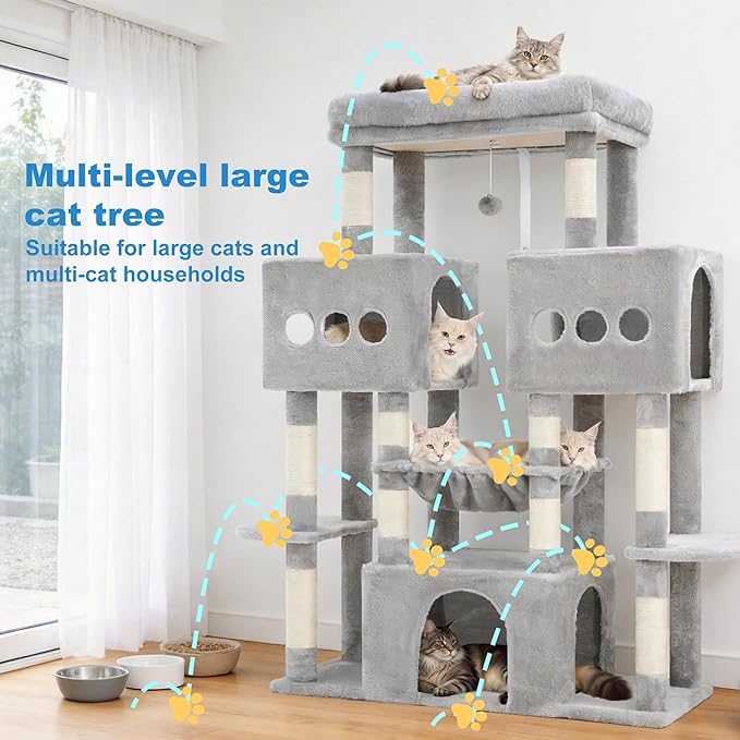 Hey-brother Cat Tree Tower, Large Sisal Scratching Posts with Big Platform, 3 Spacious Condos, Plush Hammock, Toy, 57.5 Inches Multi-Level Furniture for Indoor Adults Maine Coon, Light Gray MPJ083W