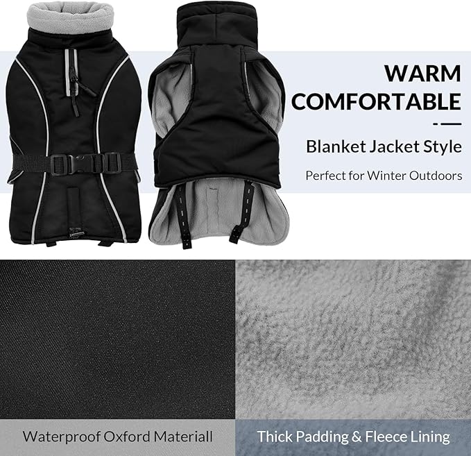 Queenmore Winter Dog Coat Warm Dog Jacket Vest Waterproof Puffer Fleece Snowsuit Adjustable Buckle Leash Hole Reflective Cold Weather Parka for Small Medium Large Dogs Girl Boy Black M