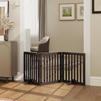 24”H Freestanding Wooden Pet Gate, Dog Gate for Stairs, Doorways, and Hallways, Step Over Foldable Pet Fence for Indoor Use, Support Feet Included, 60 inch Wide 3 Panels, Espresso