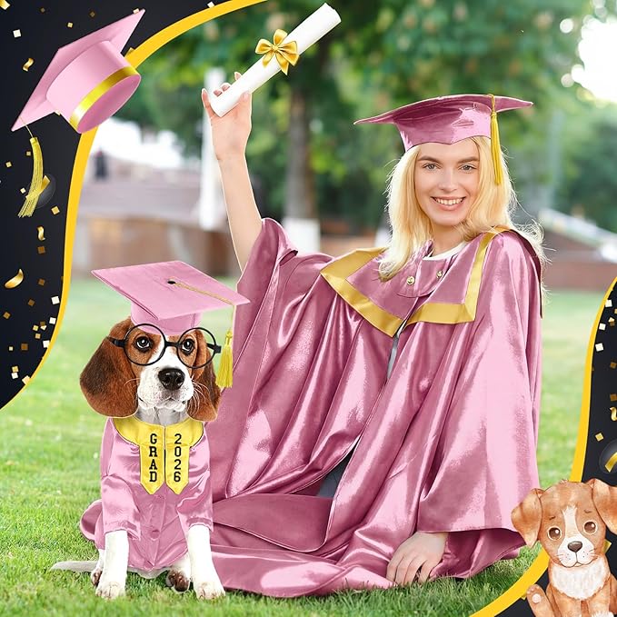 5 Pcs Dog Graduation Costume Set Include 2026 Pet Graduation Gown with Stole Puppy Grad Cap Lensless Glasses DIY Letter Stickers for Dogs Cats Holiday Costume Accessory(Pink Yellow,XXL)
