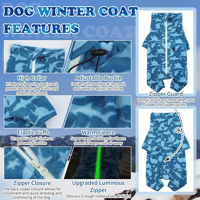 ROZKITCH Pajamas for Dogs Large, Pet Windproof Warm Cold Weather Jacket Vest with Luminous Zipper, Jumpsuit Apparel Outfit Clothes for Small Medium Large Dog Shark 2XL