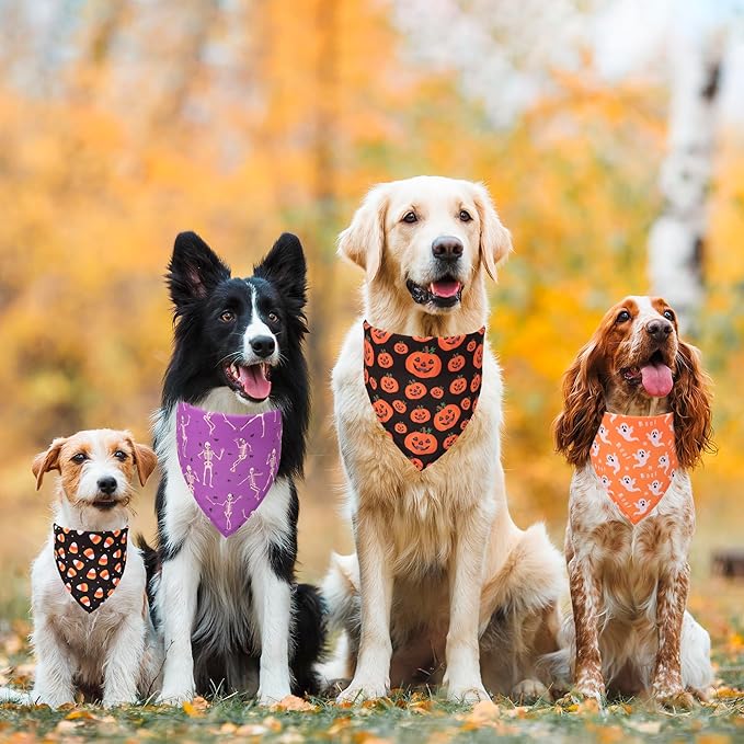 ADOGGYGO 4 Pack Halloween Dog Bandana, Pumpkin Ghost Dog Scarf Bib, Pet Halloween Bandanas Costume Accessories for Medium Large Dogs (Large)