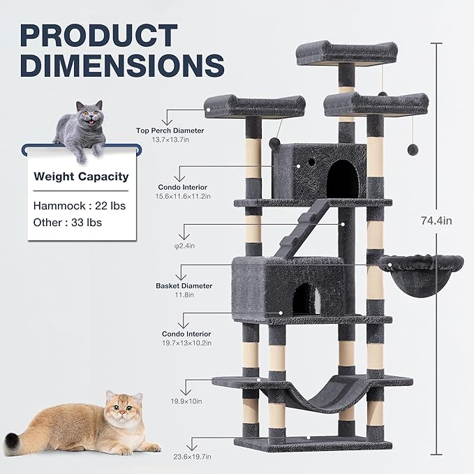 75" Large Cat Tree, Big Cat Tower for Indoor Cats, Tall Cat Tree with 3 Cushioned Perches, Sisal Scratching Posts, Cozy Basket, 2 Cat Condos. Smoky Gray