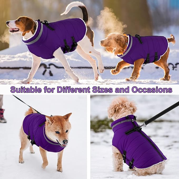 Dogcheer Dog Coat with Harness, Waterproof Dog Jacket Adjustable Pet Winter Coat with Zipper, Christmas Puppy Snow Jacket Fleece Sweater for Small Medium Large Dogs - Purple XS