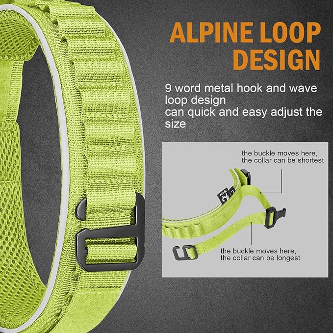 HYDEME Tactical Dog Collar, Alpine Loop Adjustable Military Training Nylon Dog Collars with Handle and Reflective for Small Medium Large Dogs, with Airtags Protective Case & Patches.(XL,GrassGreen)
