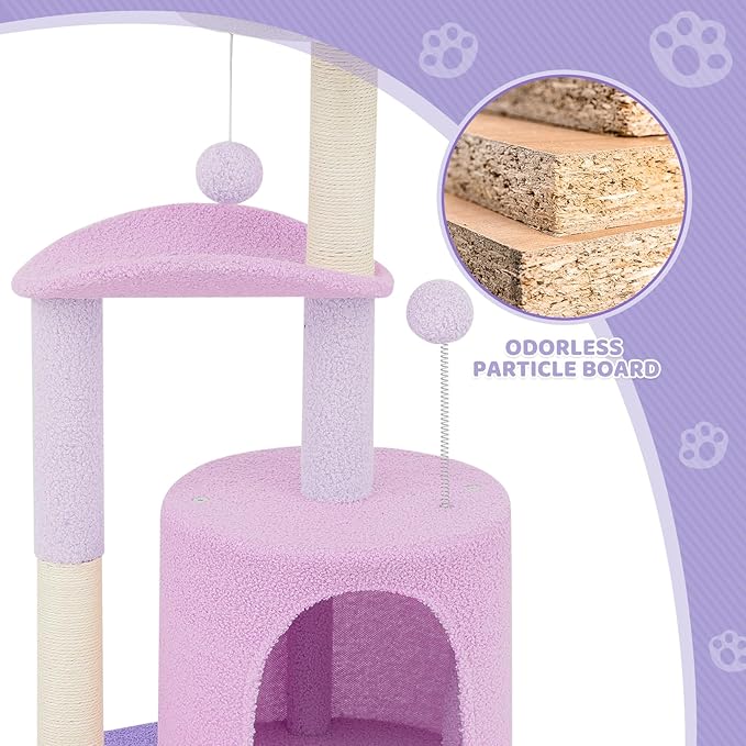 Magshion Flower Cat Tree for Indoor Cats, 33" Cute Cat Tower with Scratching Post, Condo, Top Flower Perch and Dangling Balls, Compact Cat Stand for Kittens, Purple