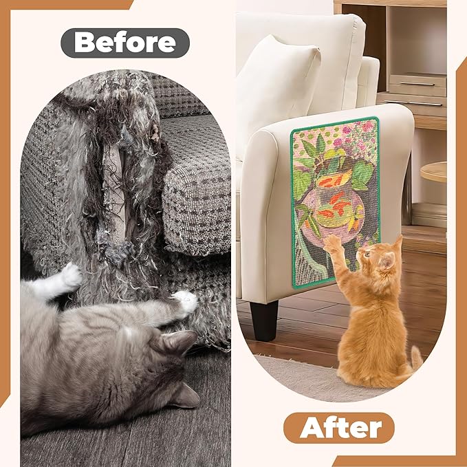 Sisal Cat Scratcher Mat, Cat Wall Scratcher for Indoor Cats, 23.6x15.7 Inch Cat Scratch Pad with Hook & Loop, Wall Mounted Cat Scratching Post to Protect Couch and Carpet（Goldfish）