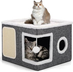 Shikha Cat Beds for Indoor Cats, Large Cat Cave with Cozy Condo, Fluffy Ball, Round Window, Foldable Indoor Cat House Hold Up to 30LBS, Cat Hideaway with Reversible Cushions for All Seasons, Grey
