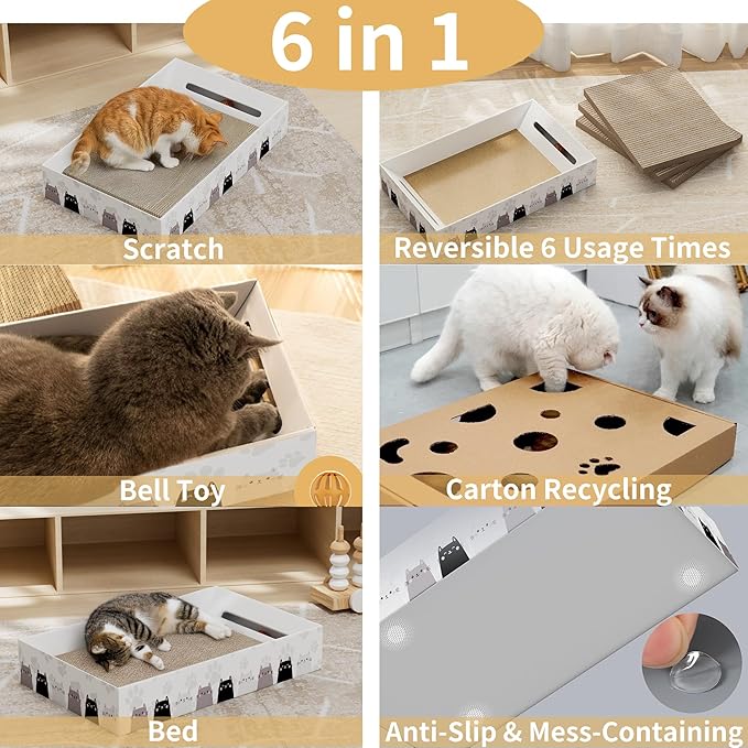 Want to Scratch,Play & Sleep! Gworld 3-in-1 Cat Scratcher Bed With Bell Ball Toy – Interactive Cat Scratch Pad for Indoor Cats Scratching Board 3 Pack Reversible Cardboard Modern Scratcher Replacement