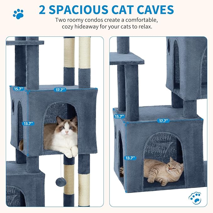 61" Multi-Level Cat Tree Tower for Large Indoor Cats & Maine Coons – Extra-Large Perch, Spacious Condos, Durable Sisal Scratching Posts, Play Toys, Stable Modern Activity Center - Light