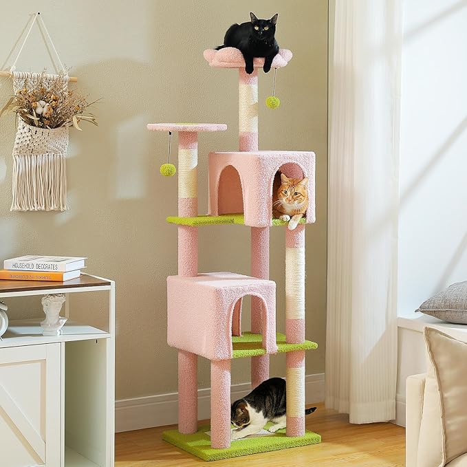 Flower Cat Tree, 62-Inch Tall Multi-Level Cat Tower with Scratching Posts, Cat Condos for Large Indoor Cats, Plush Cat Bed w/Padded Perches, Scratching Pad & 2 Green Pompoms, Pink