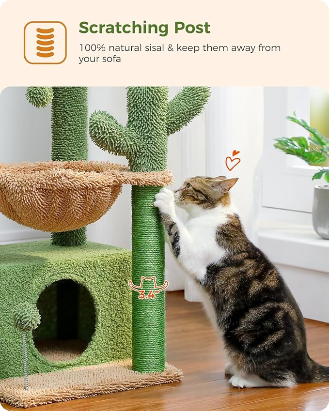 PEQULTI 4-in-1 Cactus Cat Tree, 33'' Cat Tower for Indoor Cats & Flower Cat Scratching Post, Small Cat Tree, Tall Cat Scratcher