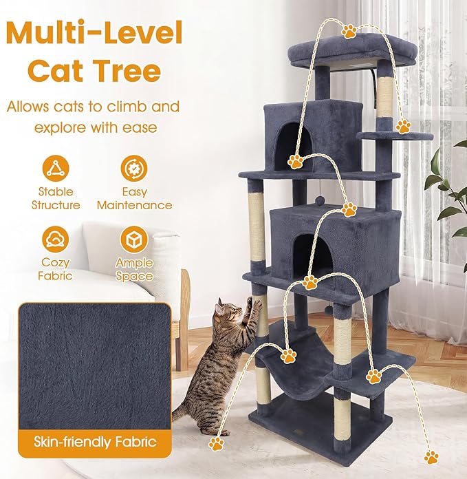 PETSITE 70-inch Tall Cat Tree, Modern Multi-Level Cat Tower with 2 Comfy Condos, Sisal Scratching Posts, Snug Hammock, and Dangling Ball, Ideal for Indoor Cats and Kittens (Dark Grey)