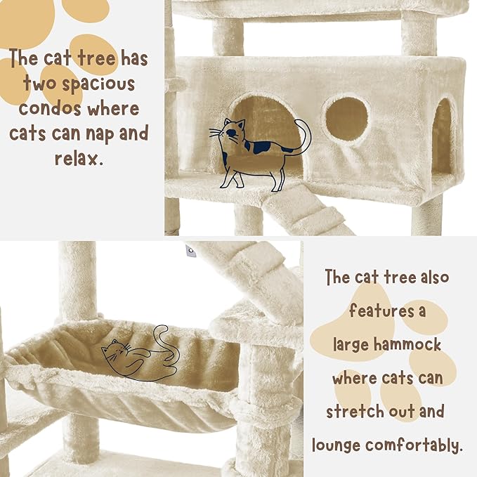 80 Inch Cat Tree, Large Cat Tower with 9 Scratching Posts, 2 Perches, 2 Caves, 2 Basket, 2 Stairs, Extra Large Hammock, Multi-Level Plush Cat Condo for Indoor Cats/Beige